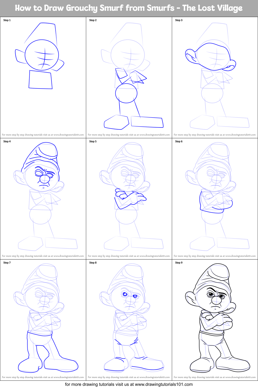 How to Draw Grouchy Smurf from Smurfs - The Lost Village Printable Step by Step