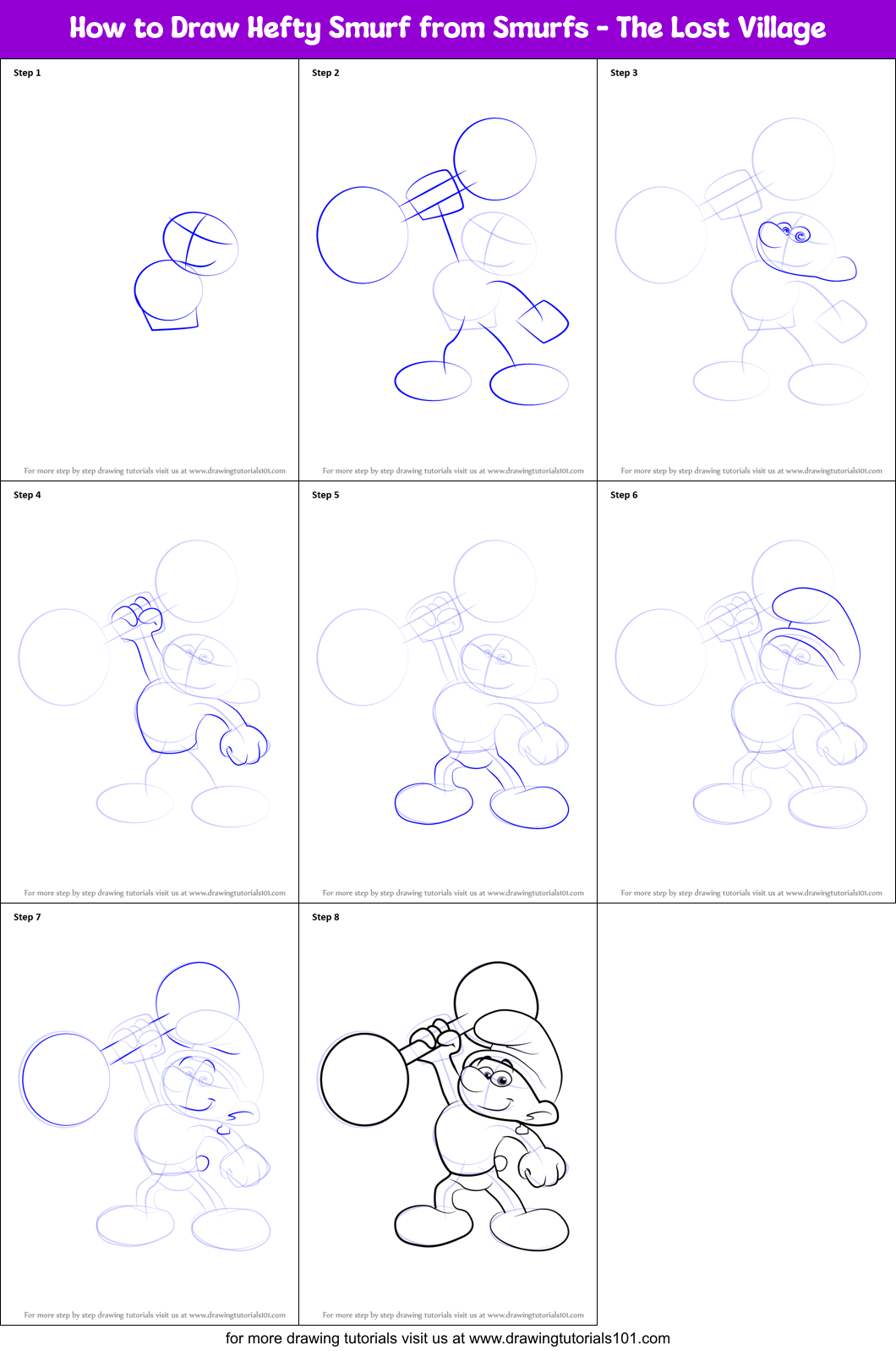 How to Draw Hefty Smurf from Smurfs - The Lost Village Printable Step by Step