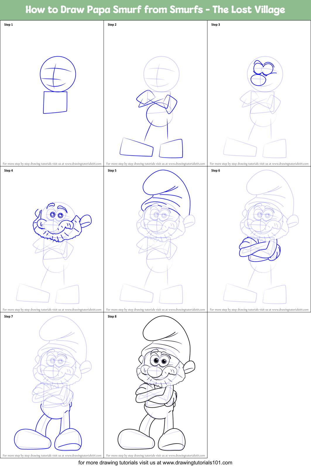 How to Draw Papa Smurf from Smurfs - The Lost Village Printable Step by Step