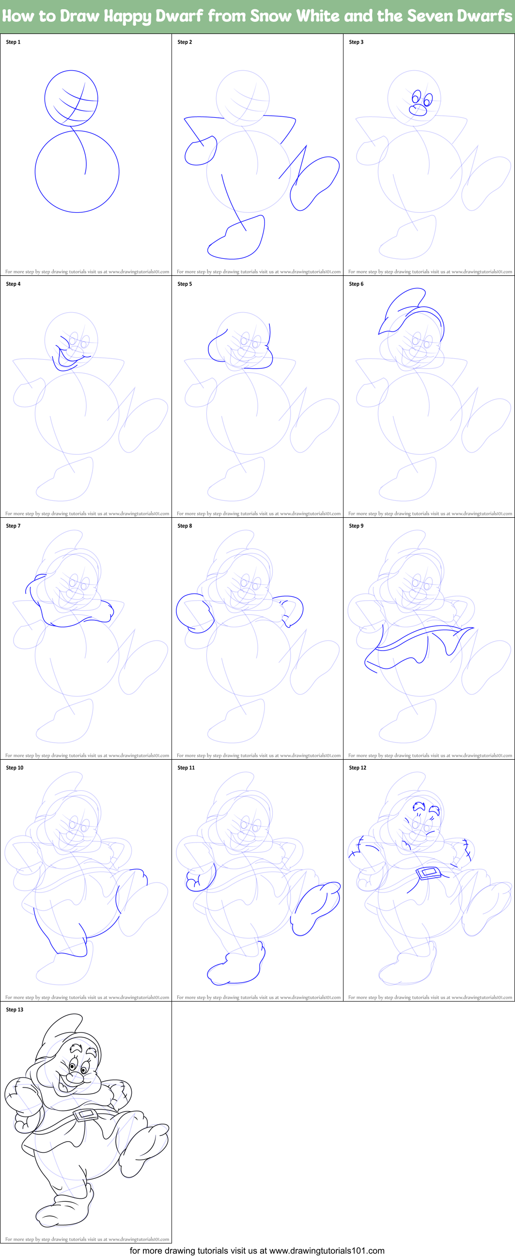 How to Draw Happy Dwarf from Snow White and the Seven Dwarfs Printable Step by Step