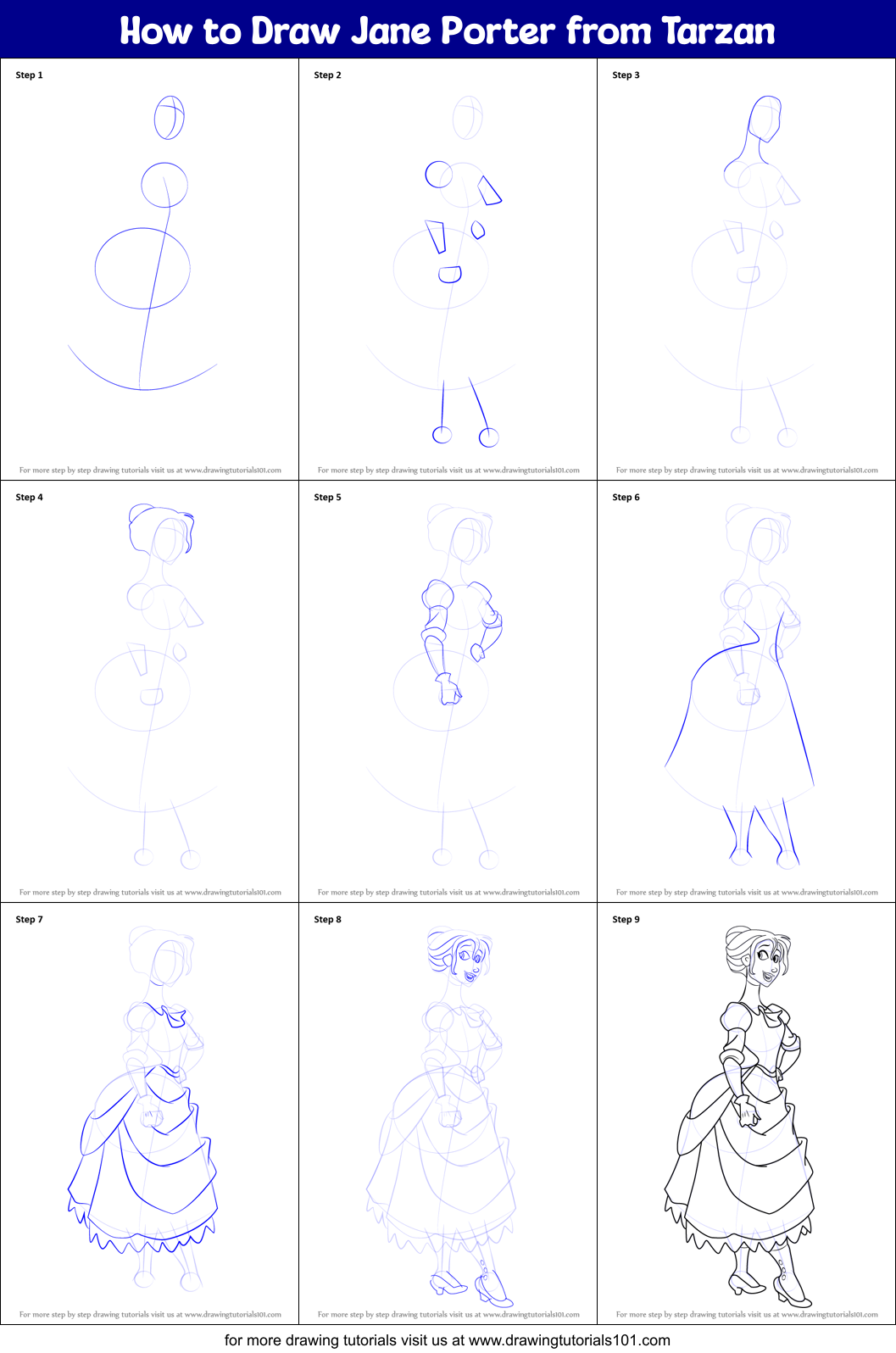 How to Draw Jane Porter from Tarzan Printable Step by Step