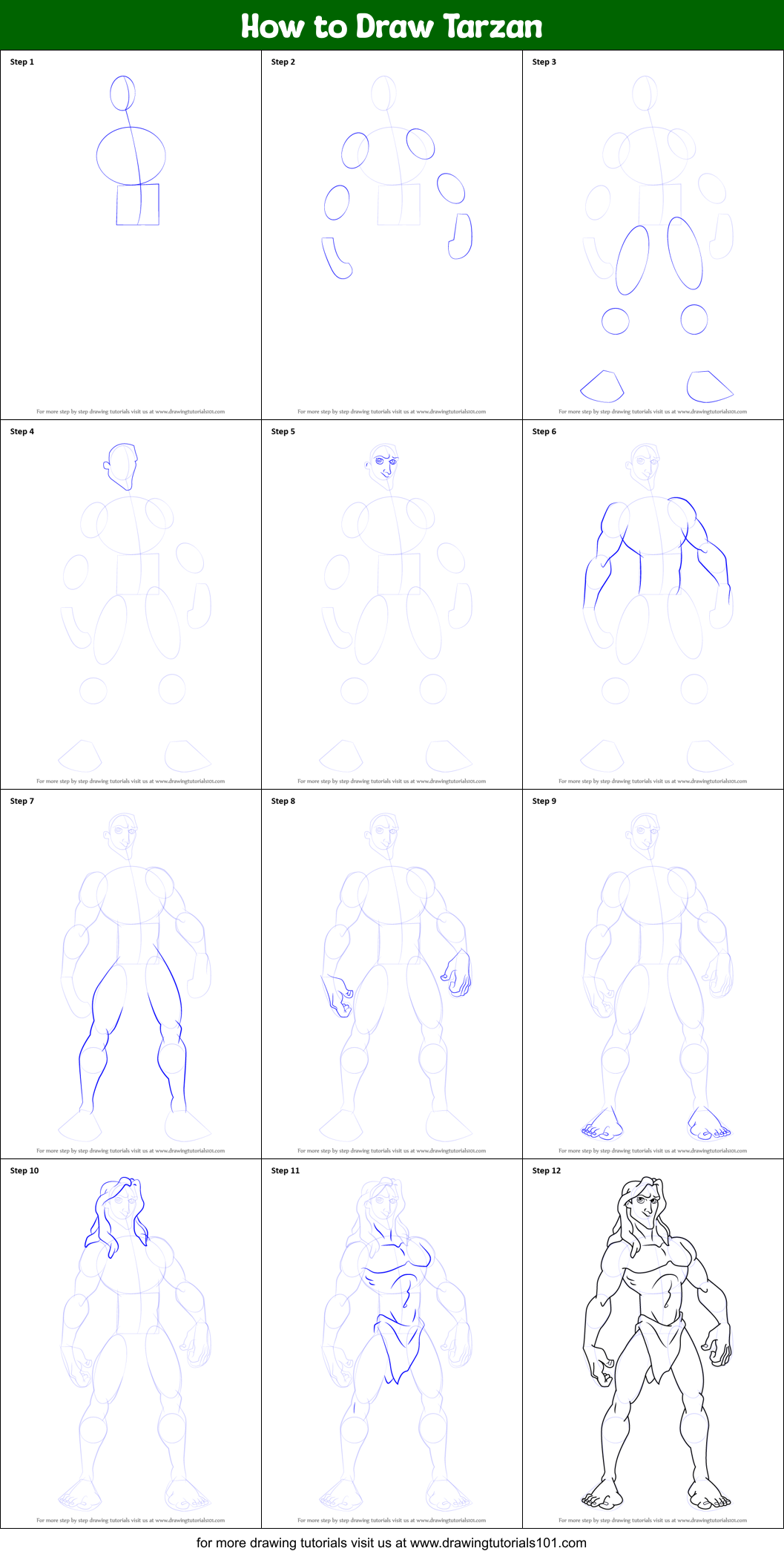 How to Draw Tarzan Printable Step by Step