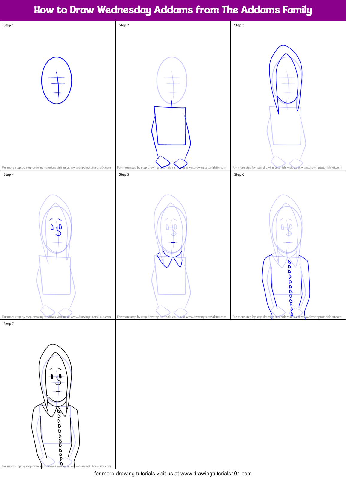 How to Draw Wednesday Addams from The Addams Family Printable Step by Step