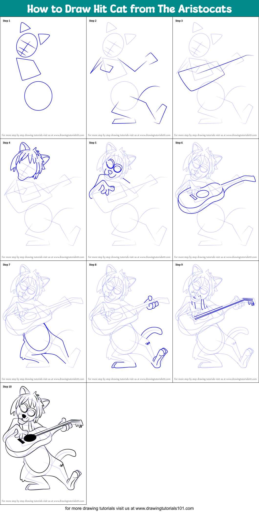 How to Draw Hit Cat from The Aristocats Printable Step by Step