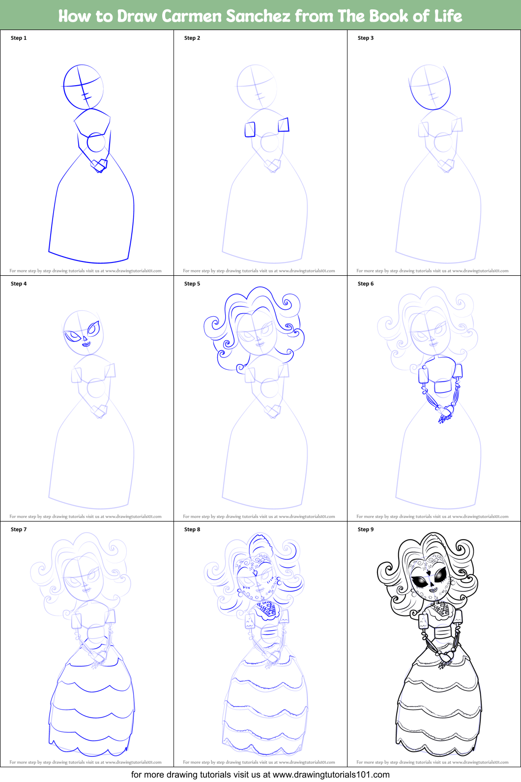 How to Draw Carmen Sanchez from The Book of Life Printable Step by Step