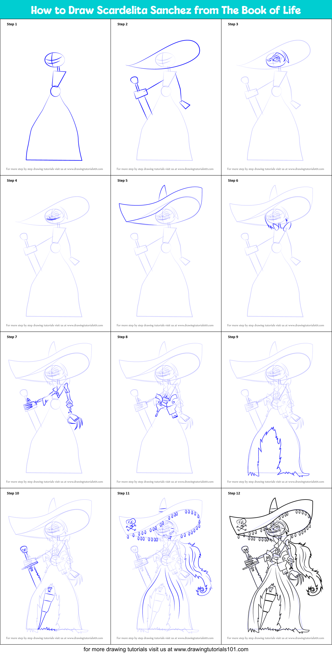How to Draw Scardelita Sanchez from The Book of Life Printable Step by Step
