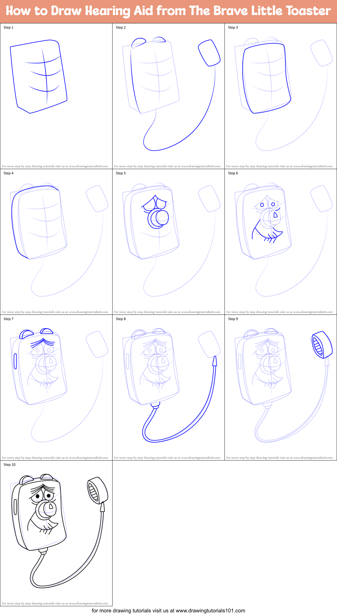 How to Draw Hearing Aid from The Brave Little Toaster Printable Step by Step