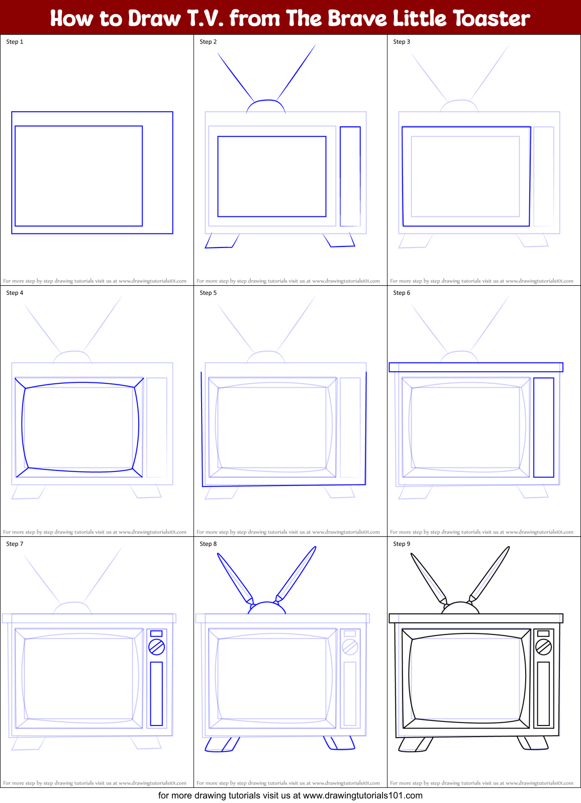 How to Draw T.V. from The Brave Little Toaster Printable Step by Step