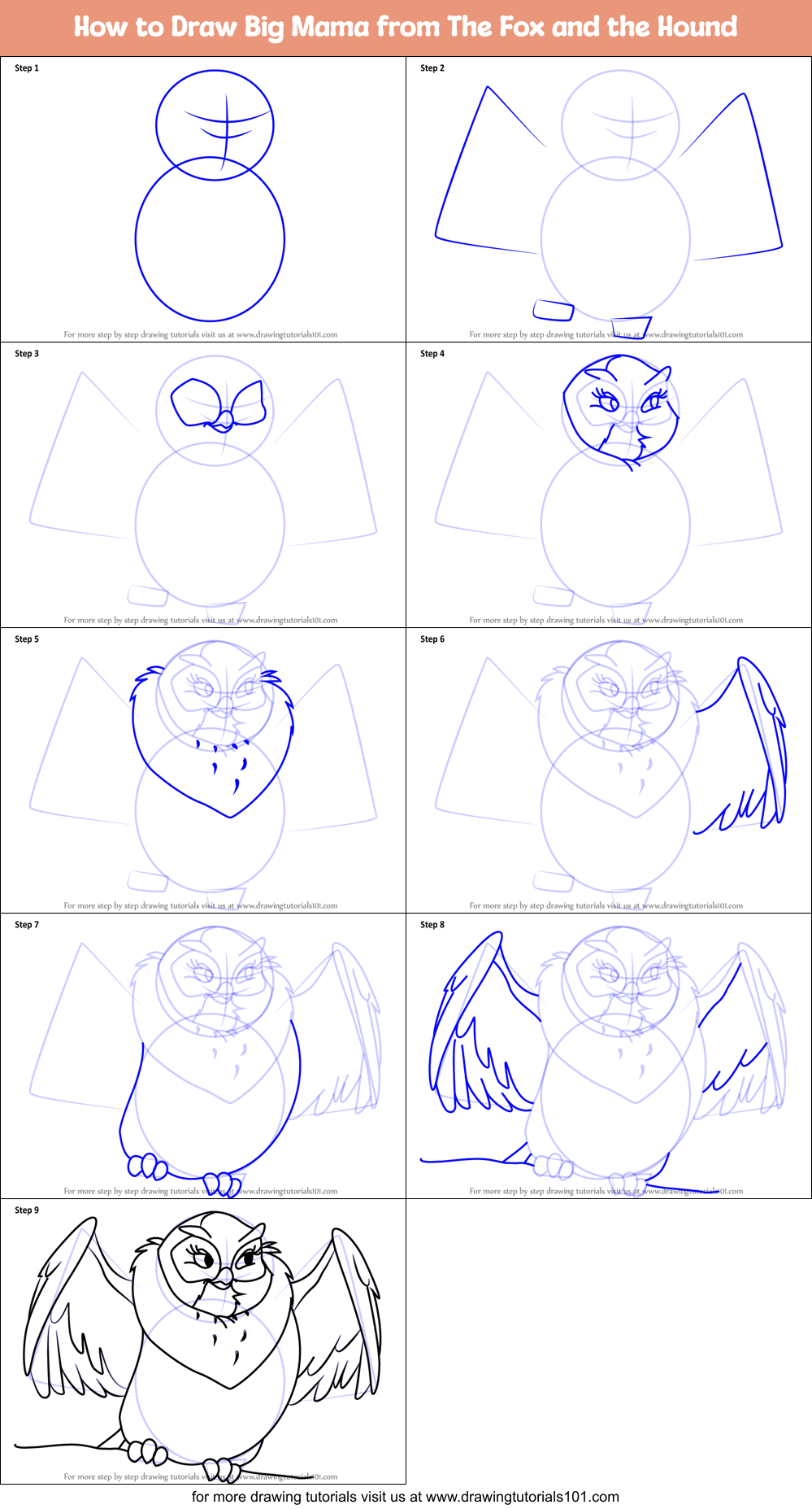How to Draw Big Mama from The Fox and the Hound Printable Step by Step