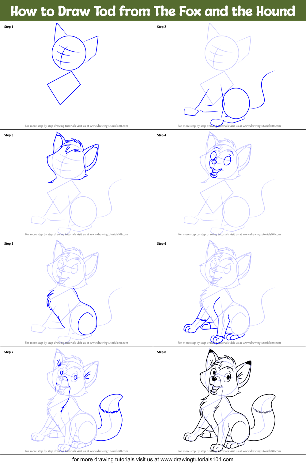 How to Draw Tod from The Fox and the Hound printable step by step