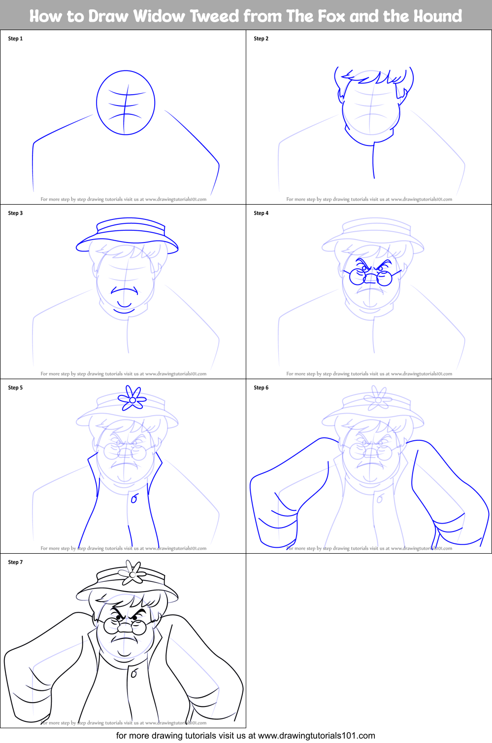 How to Draw Widow Tweed from The Fox and the Hound Printable Step by Step