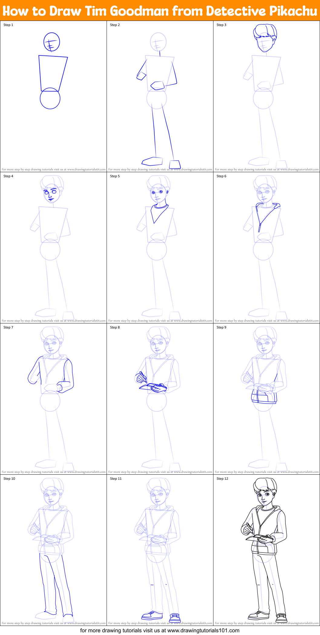 How to Draw Tim Goodman from Detective Pikachu Printable Step by Step