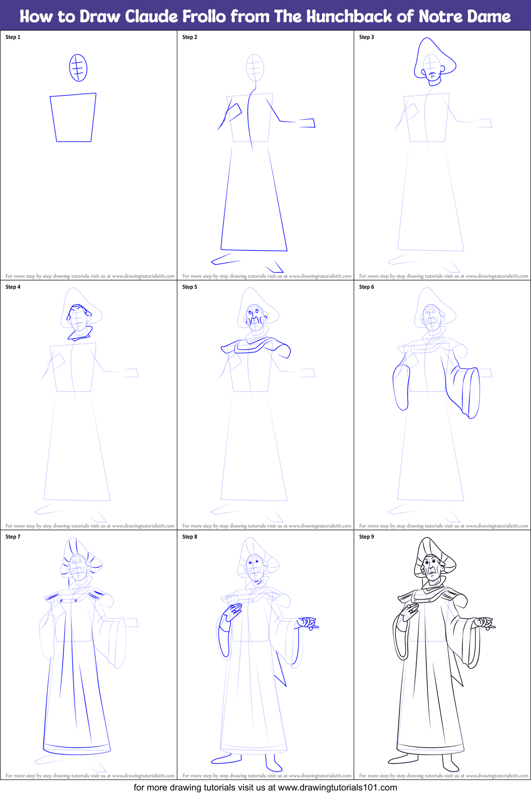 How to Draw Claude Frollo from The Hunchback of Notre Dame Printable Step by Step