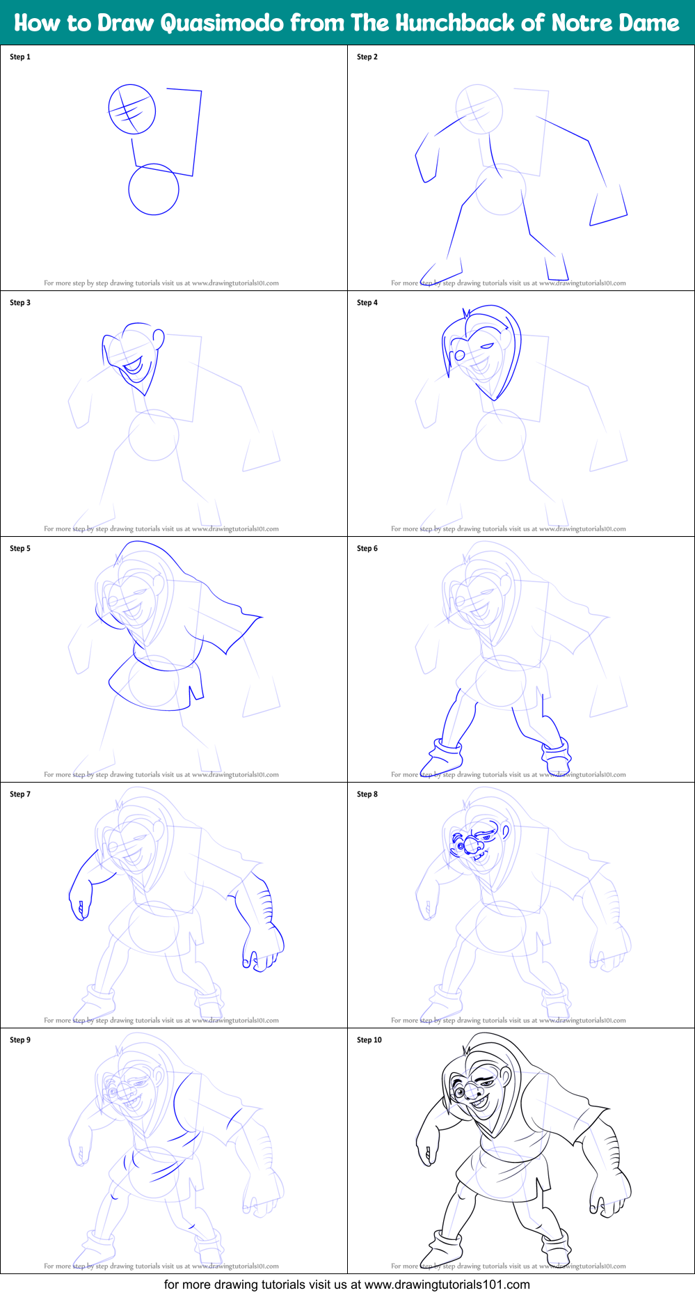How to Draw Quasimodo from The Hunchback of Notre Dame Printable Step by Step