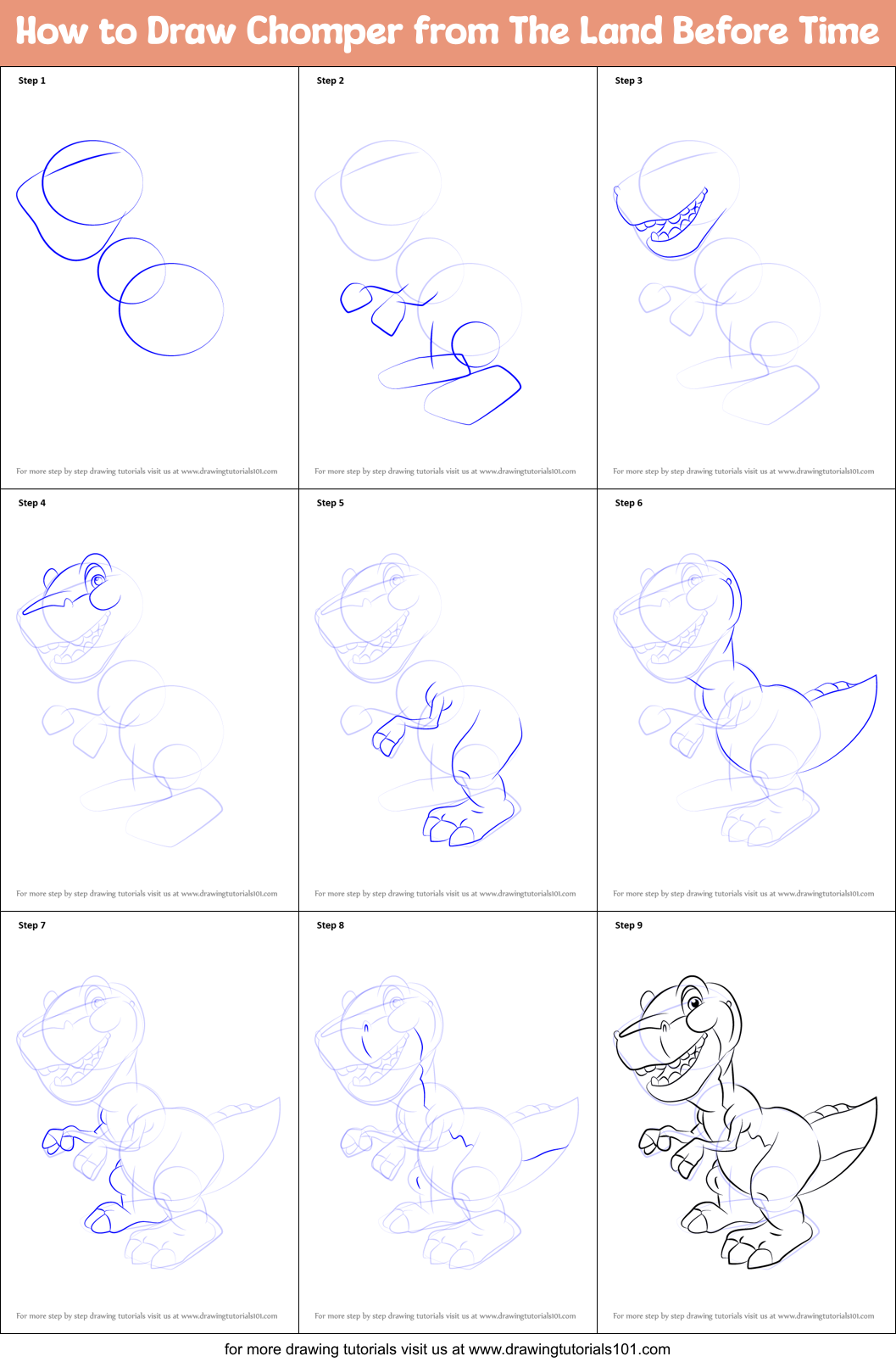 How to Draw Chomper from The Land Before Time Printable Step by Step