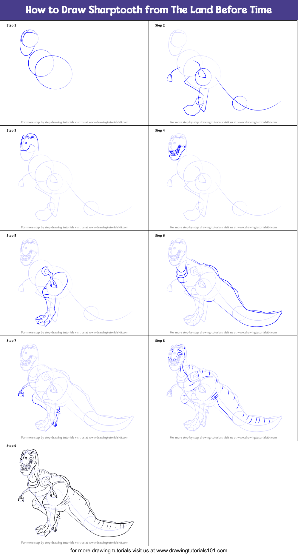 How to Draw Sharptooth from The Land Before Time Printable Step by Step