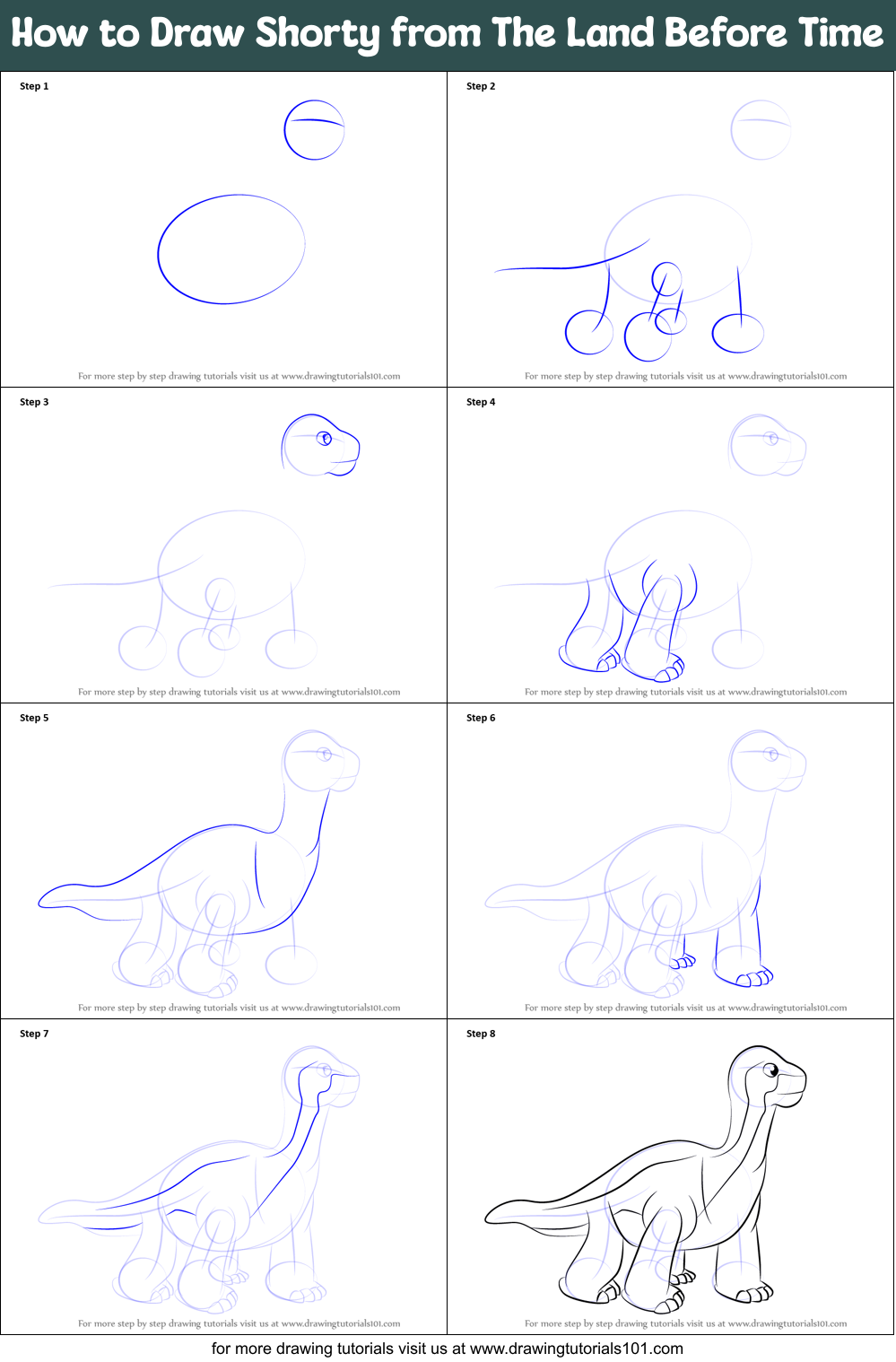 How to Draw Shorty from The Land Before Time Printable Step by Step