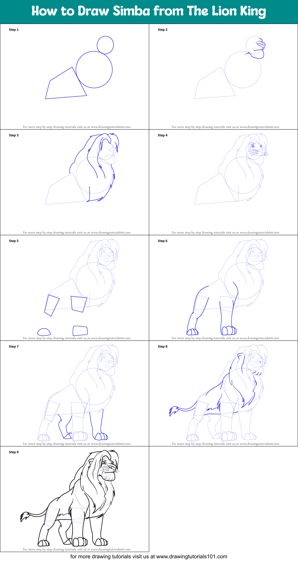 How to Draw Simba from The Lion King printable step by step drawing