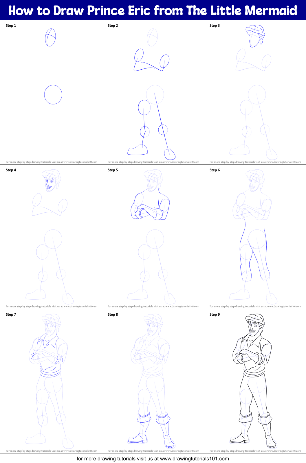 How to Draw Prince Eric from The Little Mermaid Printable Step by Step