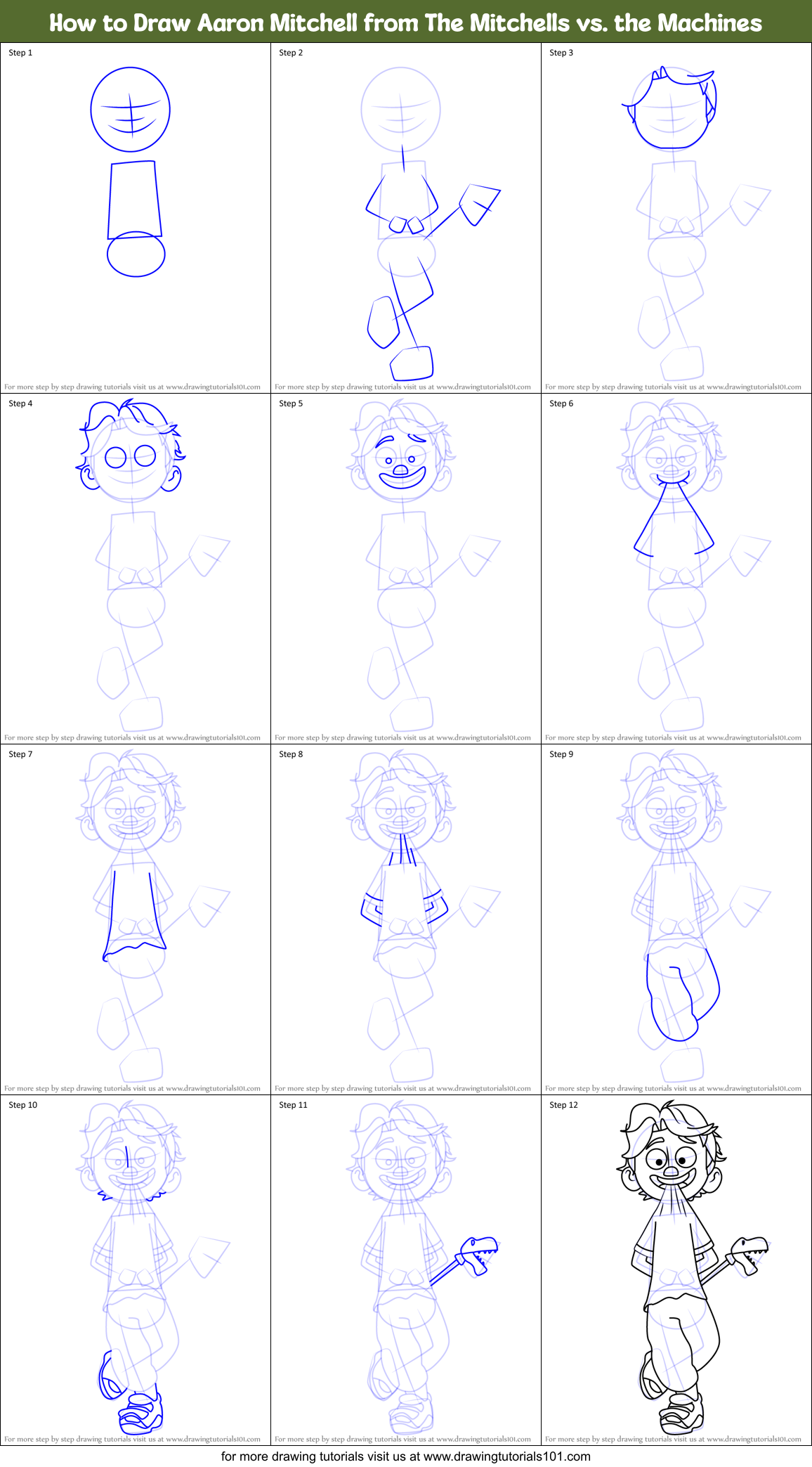 How to Draw Aaron Mitchell from The Mitchells vs. the Machines Printable Step by Step