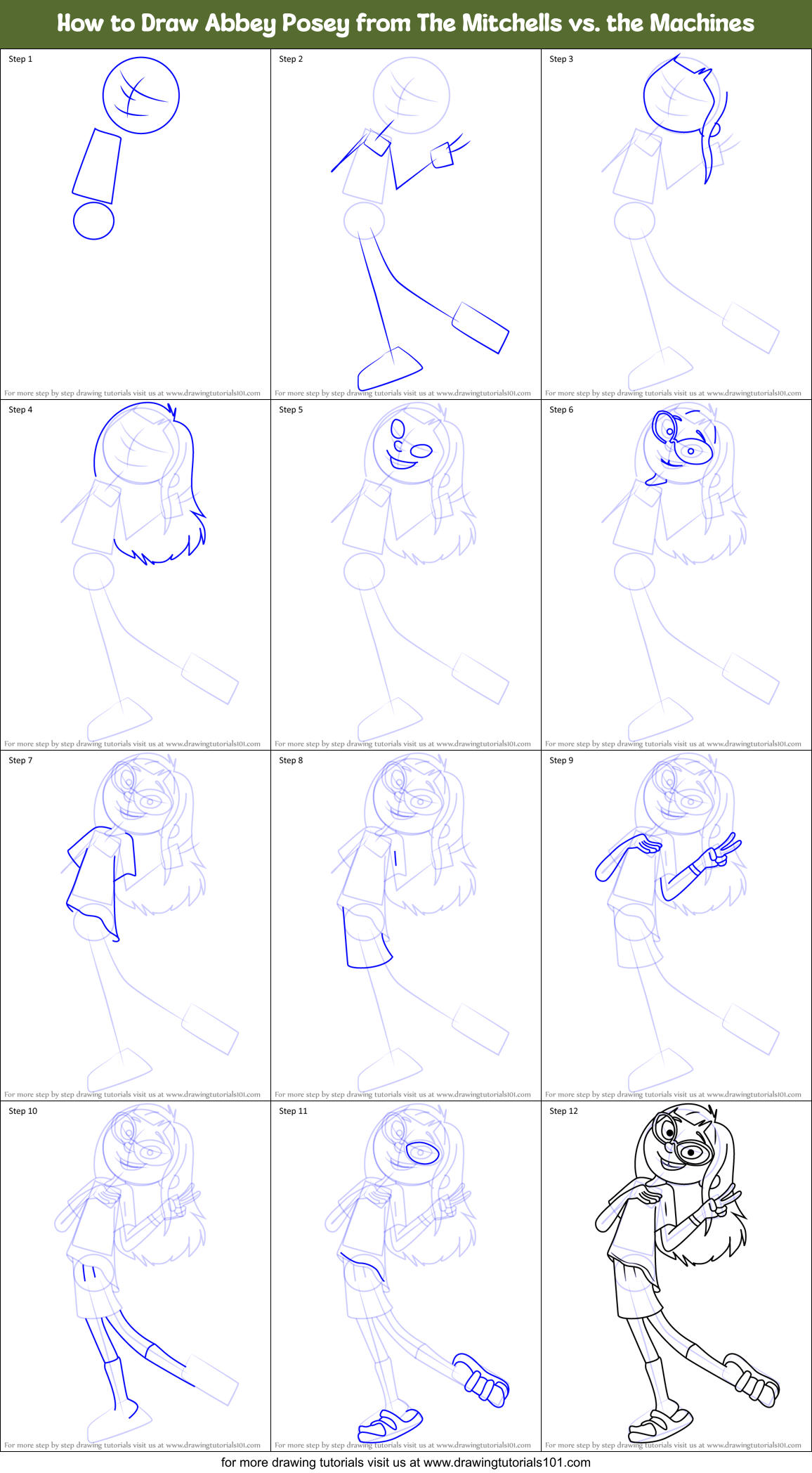 How to Draw Abbey Posey from The Mitchells vs. the Machines Printable Step by Step