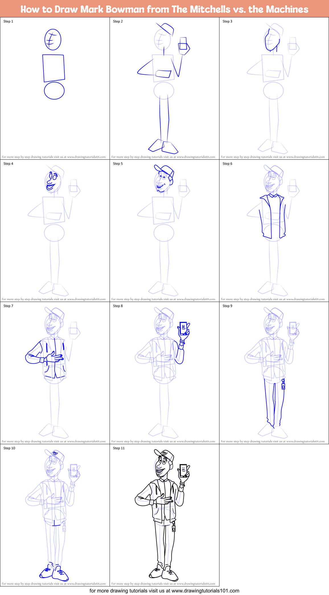 How to Draw Mark Bowman from The Mitchells vs. the Machines Printable Step by Step