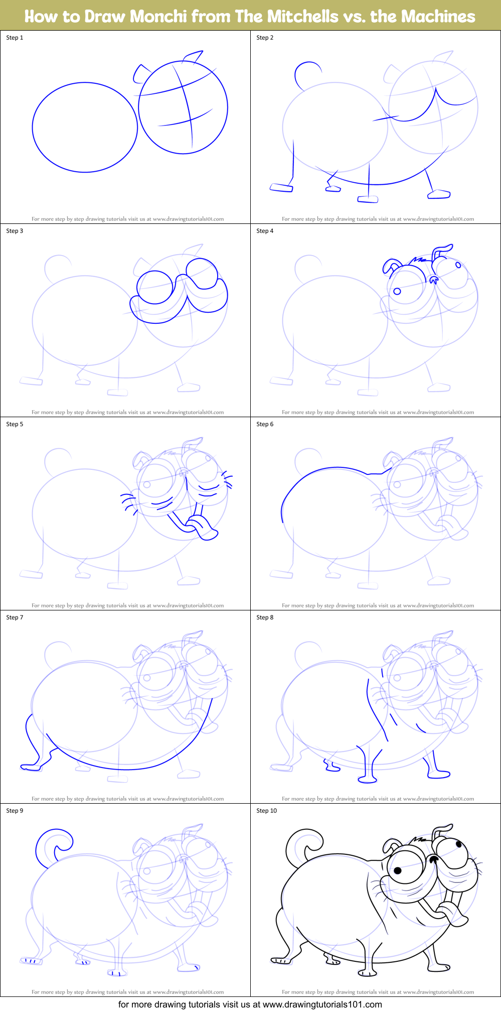 How to Draw Monchi from The Mitchells vs. the Machines Printable Step by Step