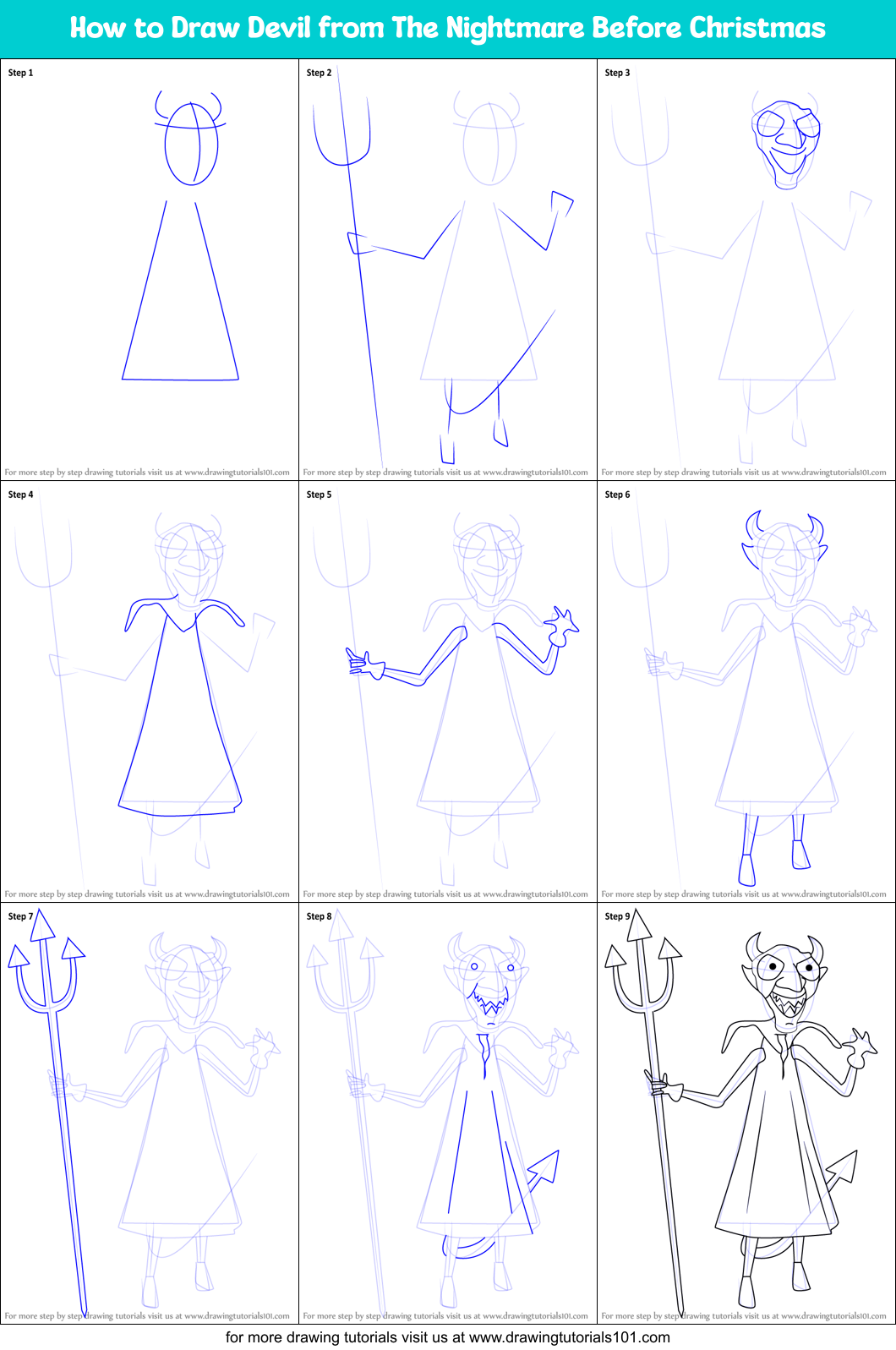 How to Draw Devil from The Nightmare Before Christmas Printable Step by Step