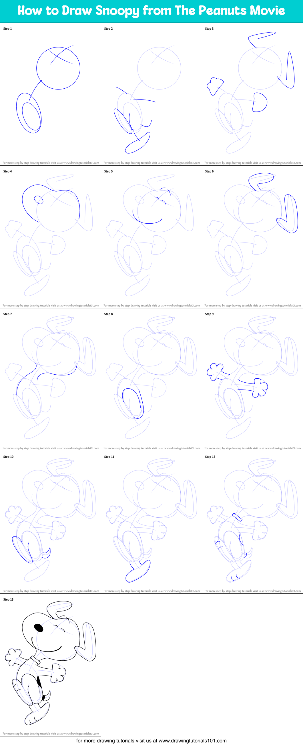 How to Draw Snoopy from The Peanuts Movie printable step by step drawing sheet