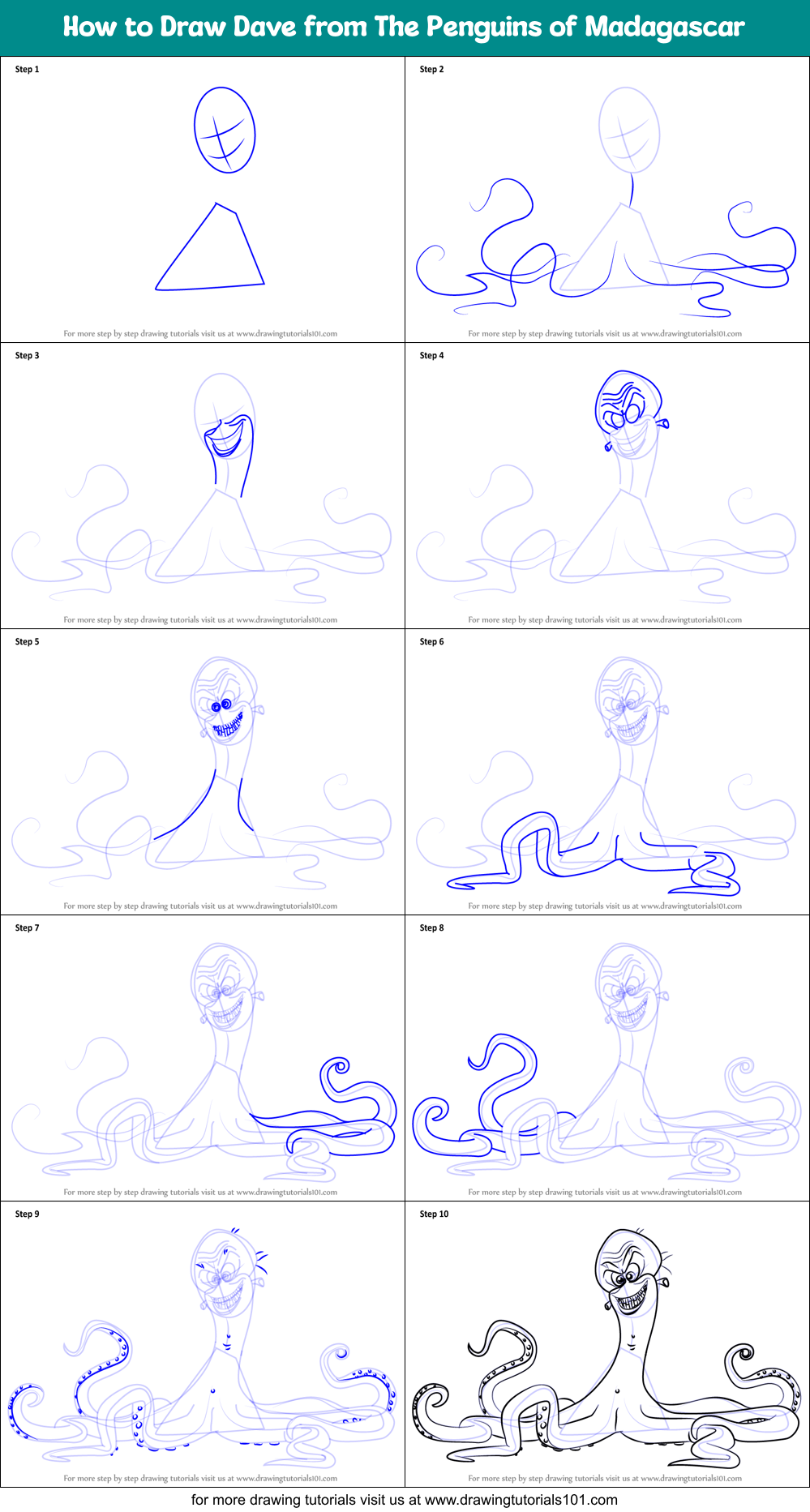 How to Draw Dave from The Penguins of Madagascar Printable Step by Step