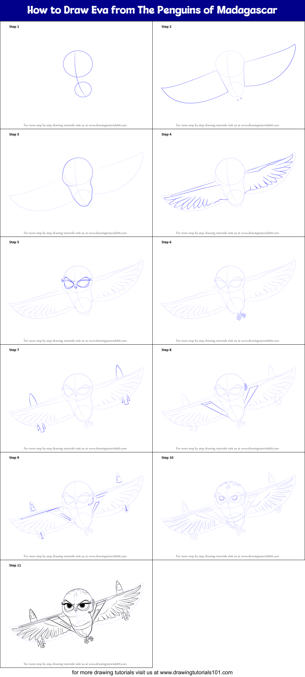 How to Draw Eva from The Penguins of Madagascar Printable Step by Step