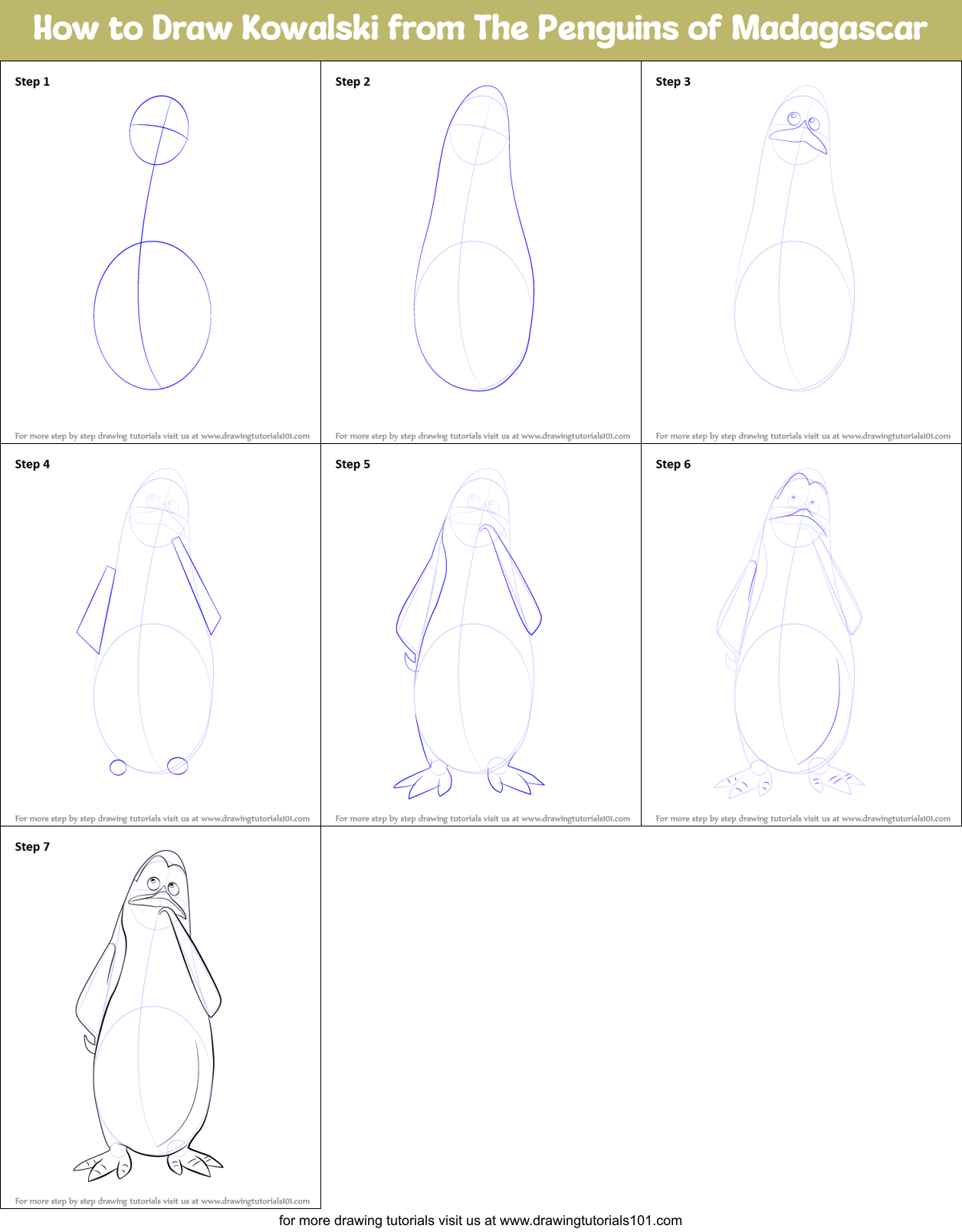 How to Draw Kowalski from The Penguins of Madagascar Printable Step by Step