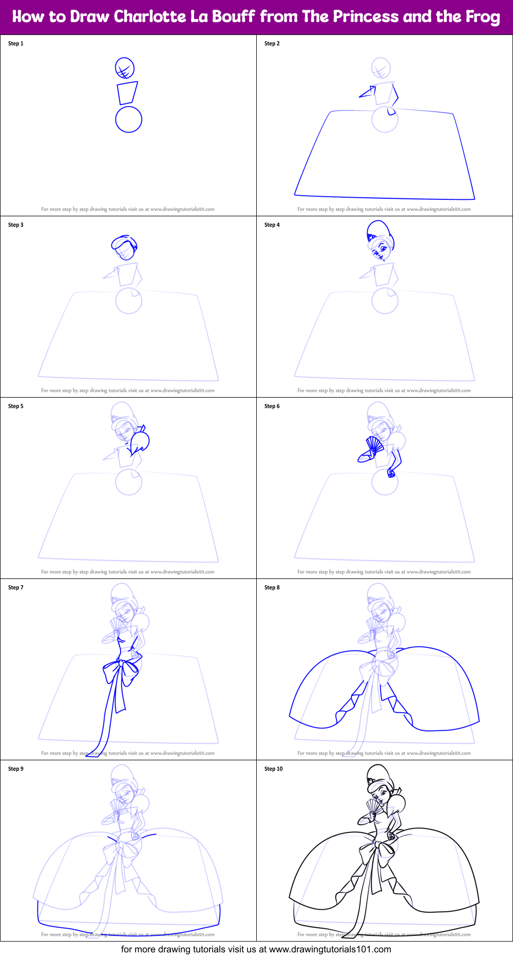 How to Draw Charlotte La Bouff from The Princess and the Frog Printable Step by Step