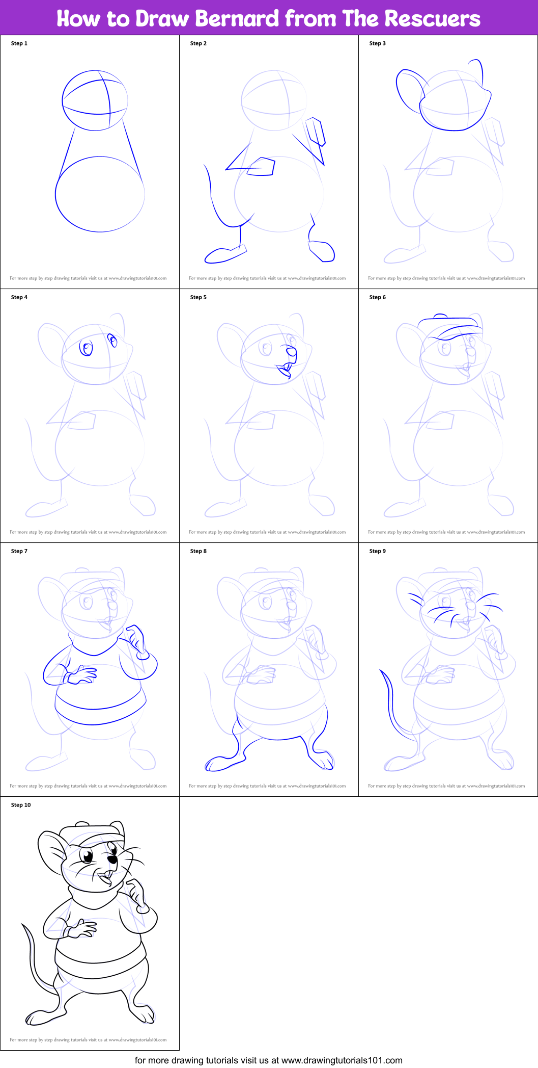 How to Draw Bernard from The Rescuers Printable Step by Step
