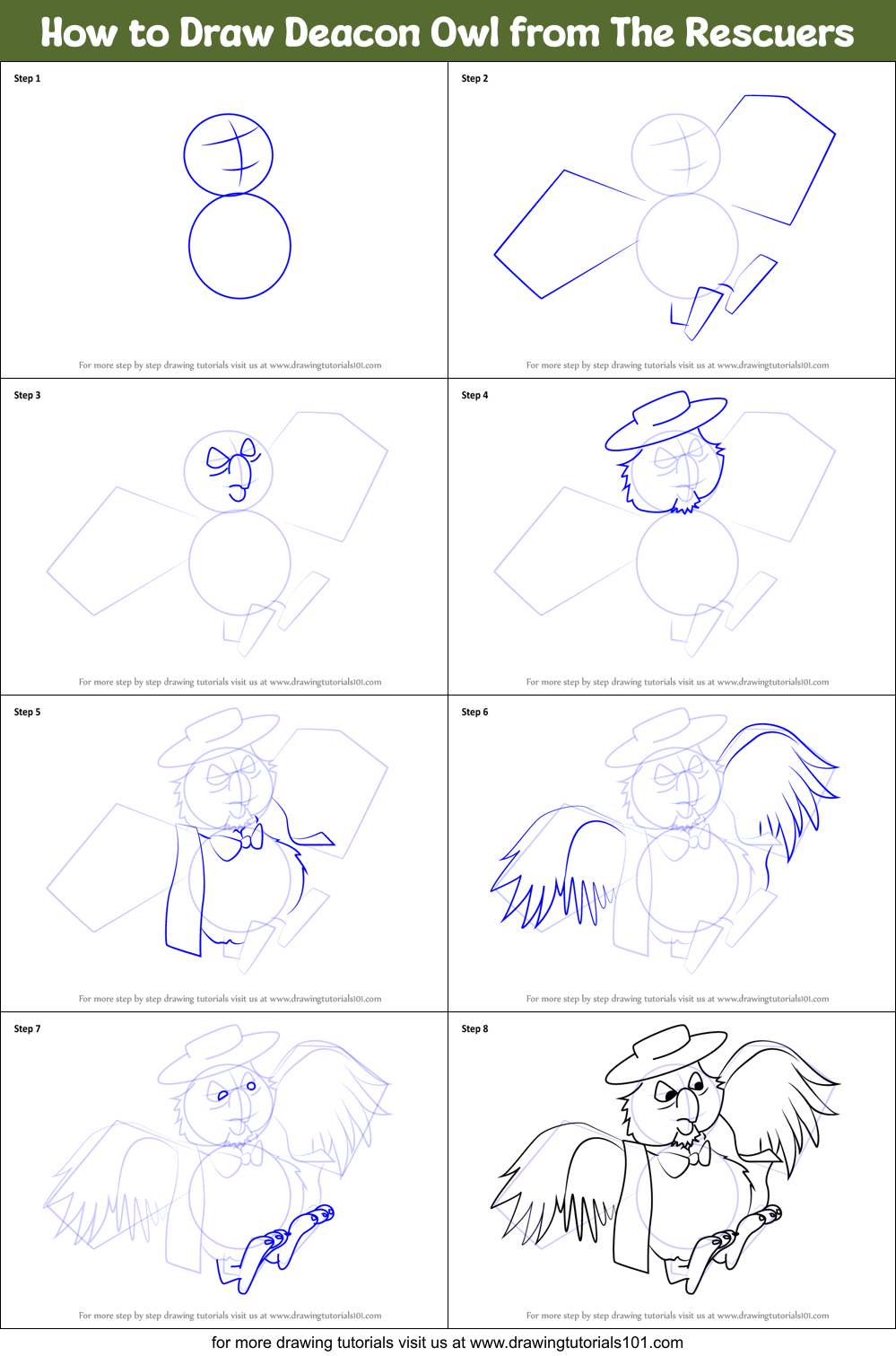How to Draw Deacon Owl from The Rescuers Printable Step by Step