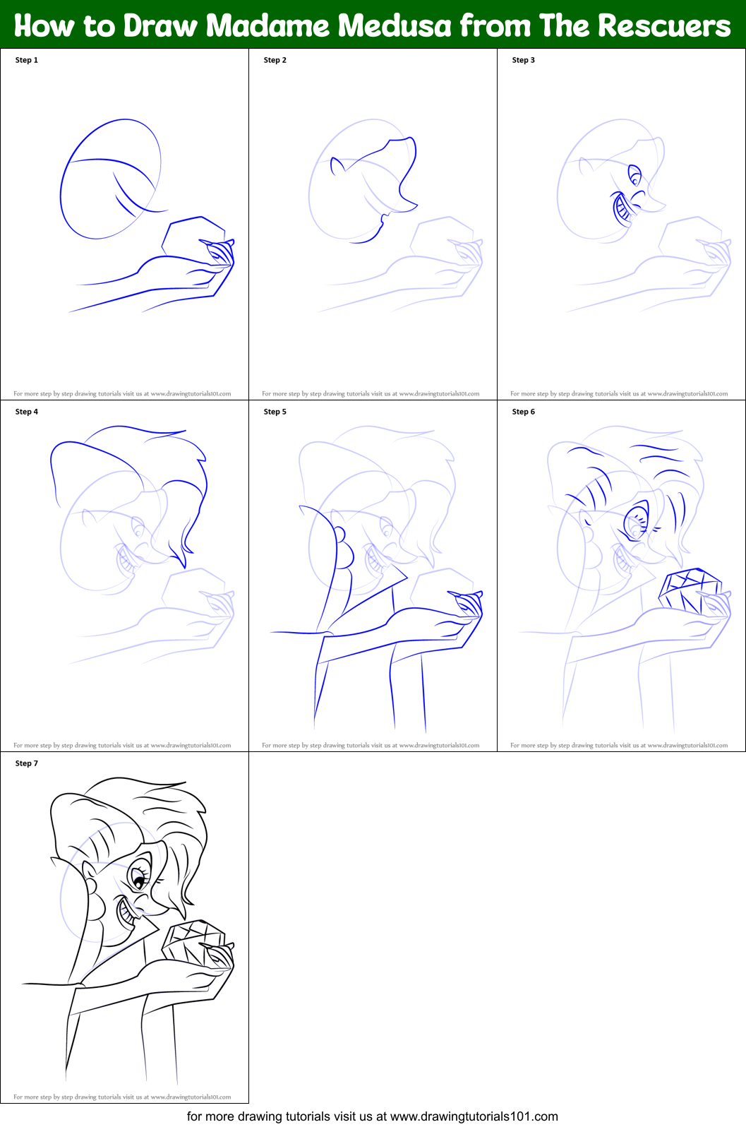 How to Draw Madame Medusa from The Rescuers Printable Step by Step