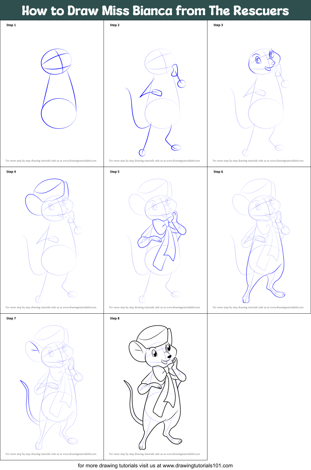 How to Draw Miss Bianca from The Rescuers Printable Step by Step