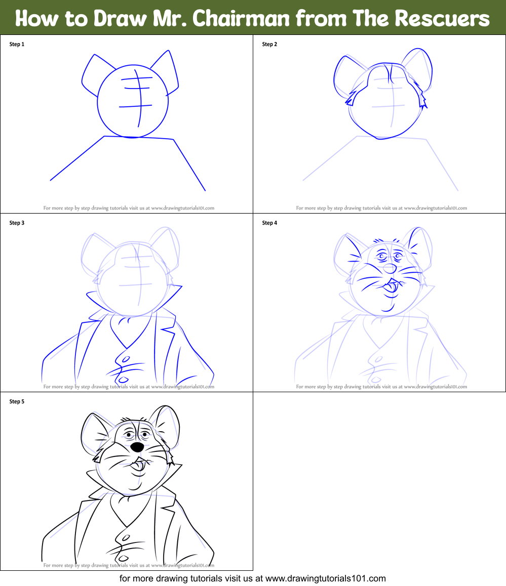 How to Draw Mr. Chairman from The Rescuers Printable Step by Step
