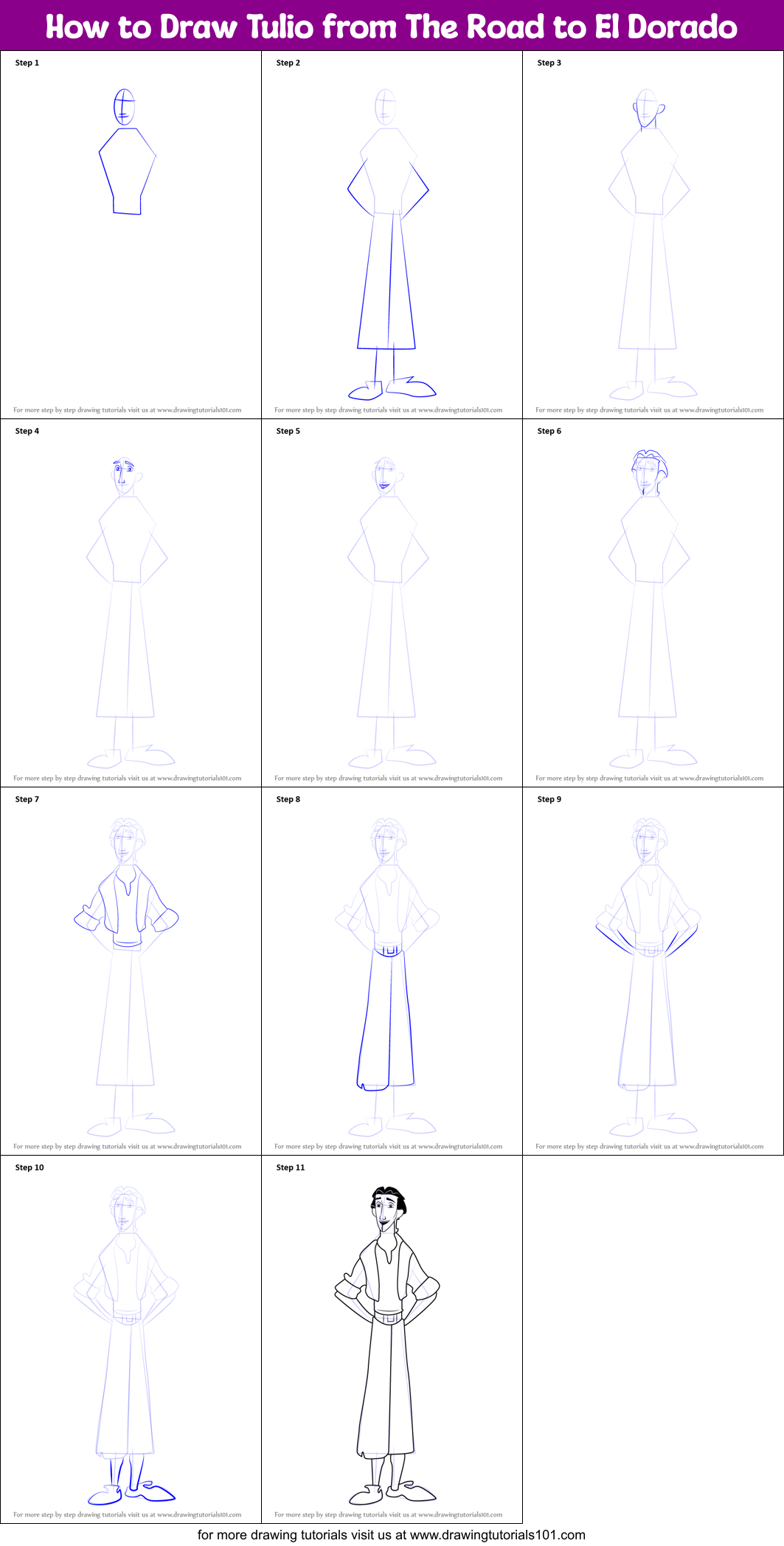 How to Draw Tulio from The Road to El Dorado Printable Step by Step