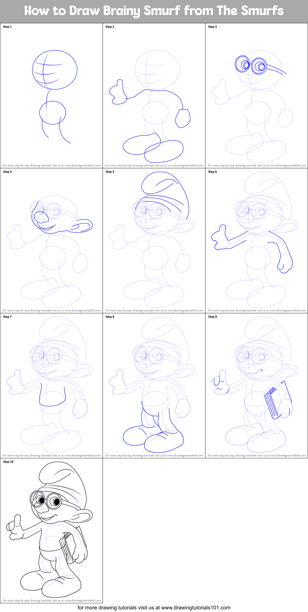 How to Draw Brainy Smurf from The Smurfs Printable Step by Step