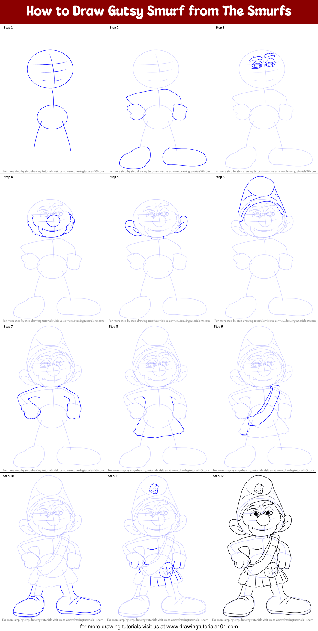 How to Draw Gutsy Smurf from The Smurfs Printable Step by Step