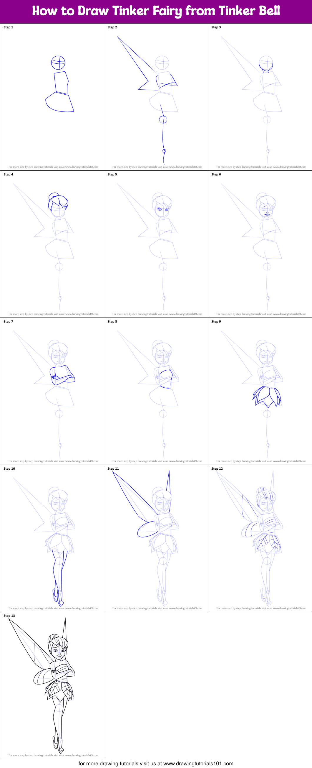 How to Draw Tinker Fairy from Tinker Bell Printable Step by Step