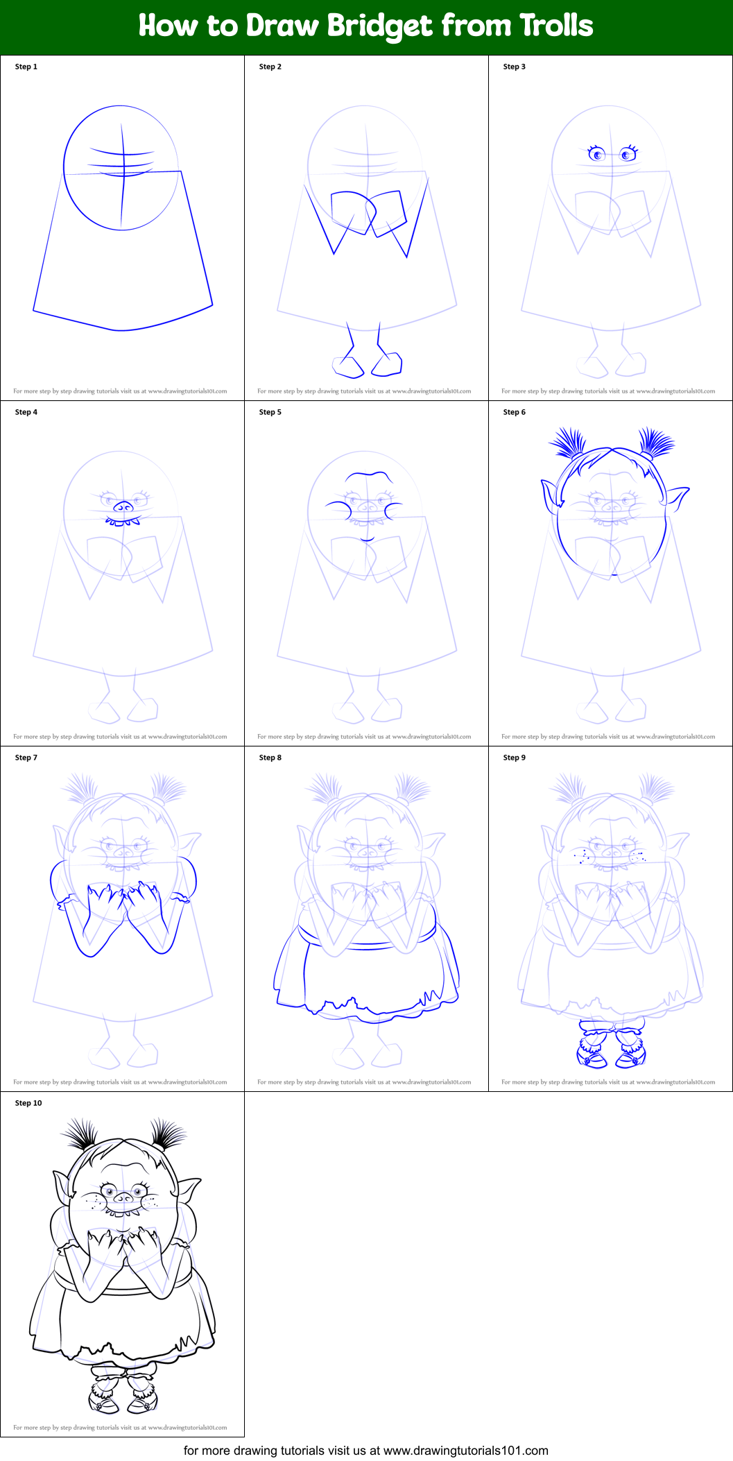 How to Draw Bridget from Trolls Printable Step by Step