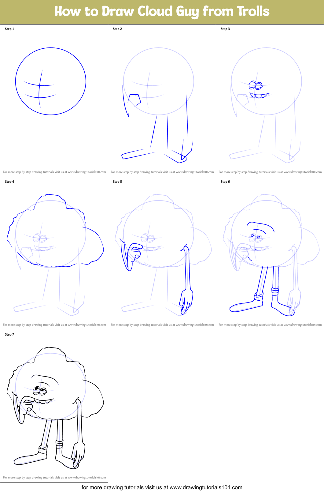How to Draw Cloud Guy from Trolls Printable Step by Step