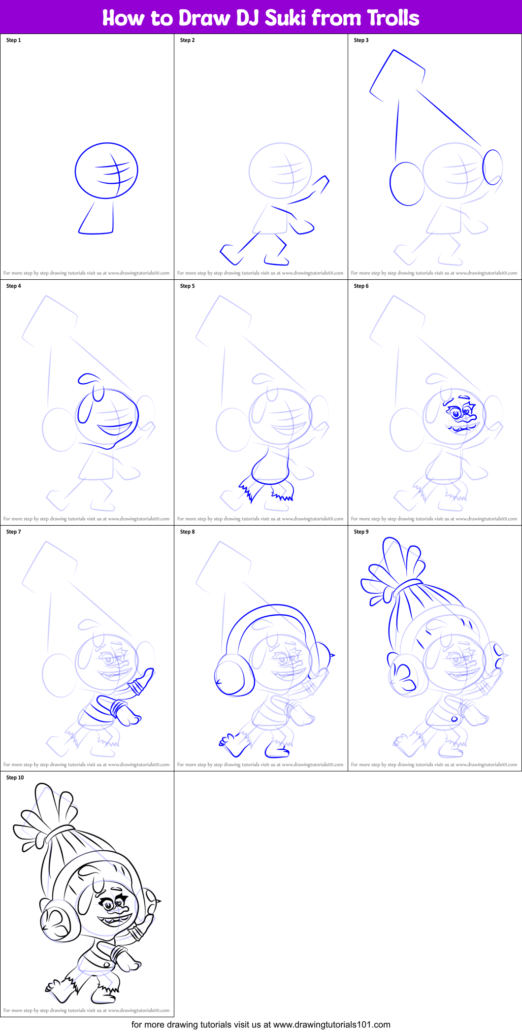 How to Draw DJ Suki from Trolls Printable Step by Step