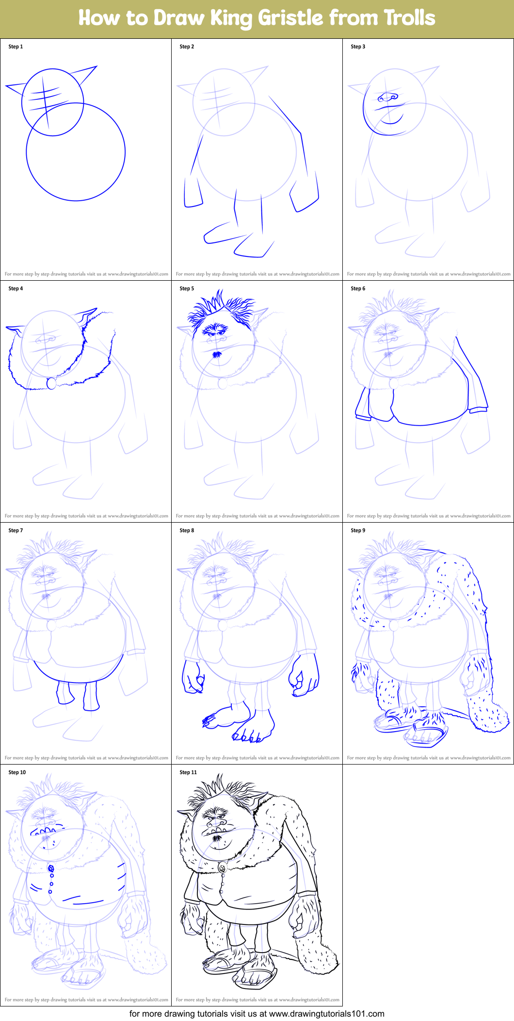How to Draw King Gristle from Trolls Printable Step by Step