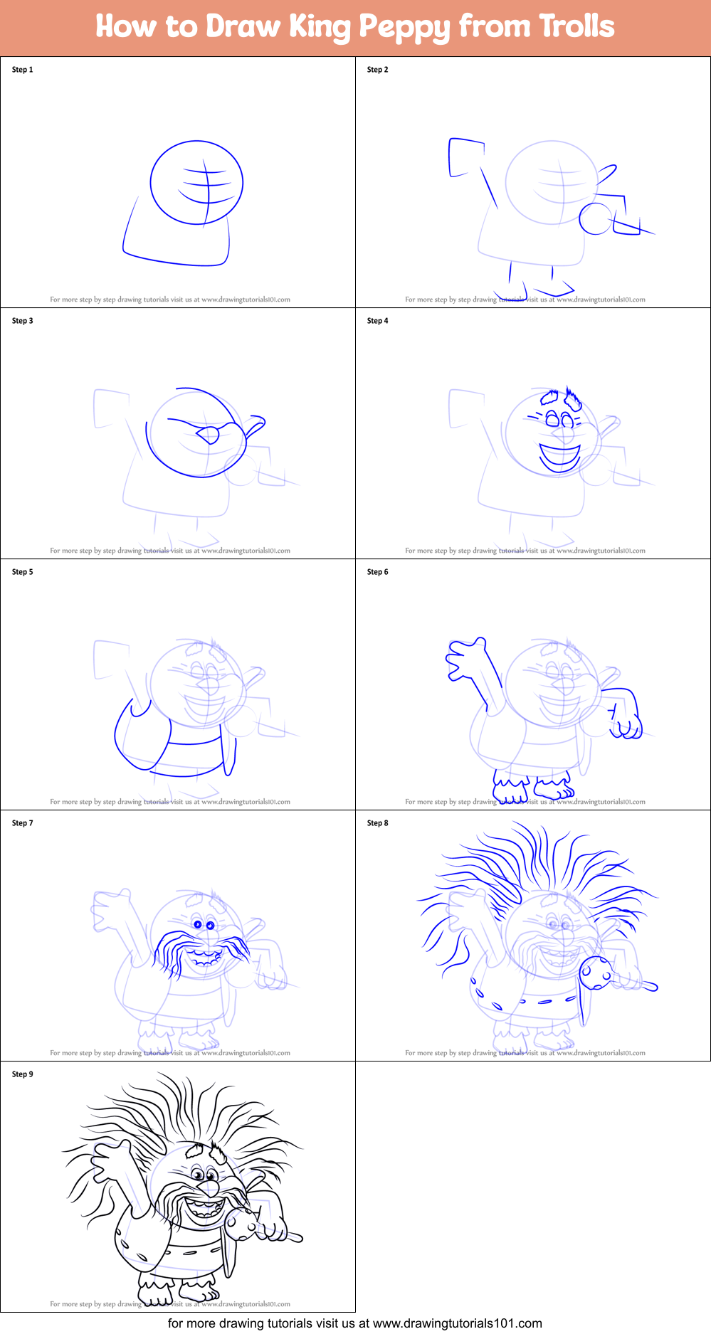 How to Draw King Peppy from Trolls Printable Step by Step