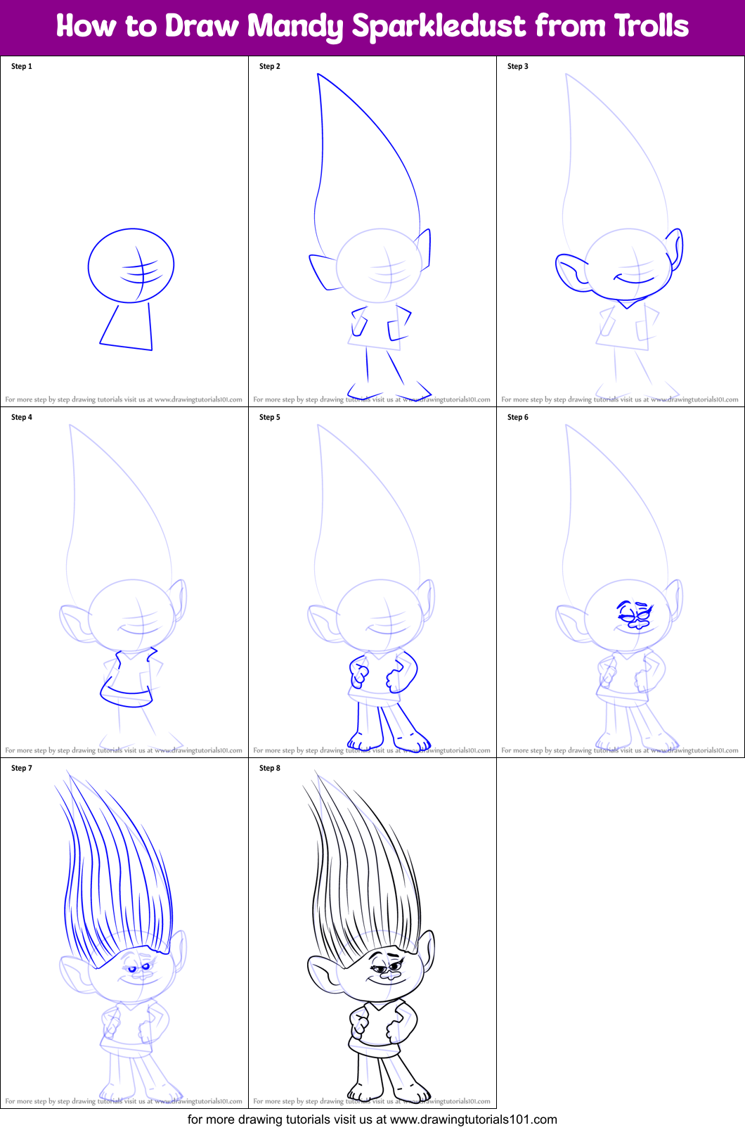 How to Draw Mandy Sparkledust from Trolls Printable Step by Step