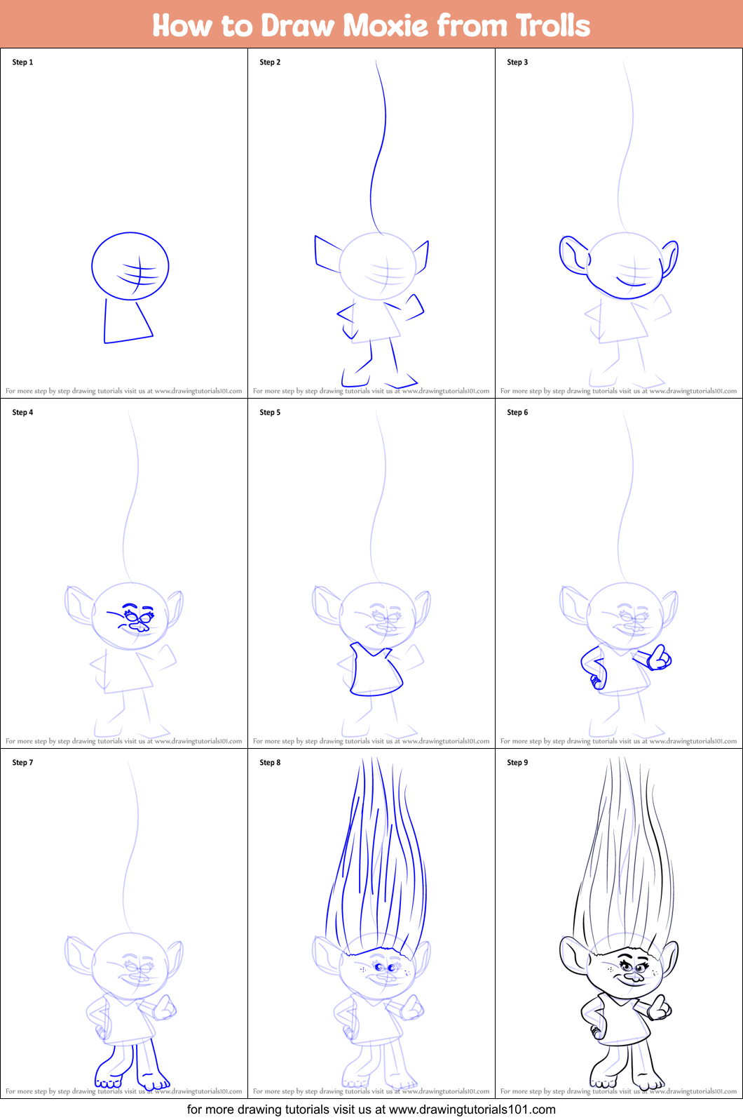 How to Draw Moxie from Trolls Printable Step by Step
