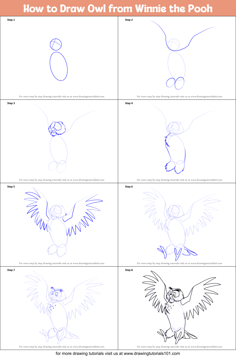 How to Draw Owl from Winnie the Pooh Printable Step by Step
